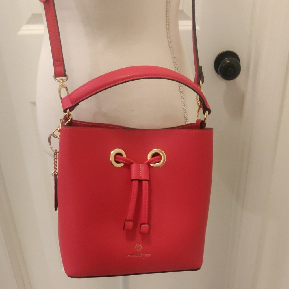 New! Nanette Lepore Hot Pink Bucket Purse PU Leather adjustable crossbody strap